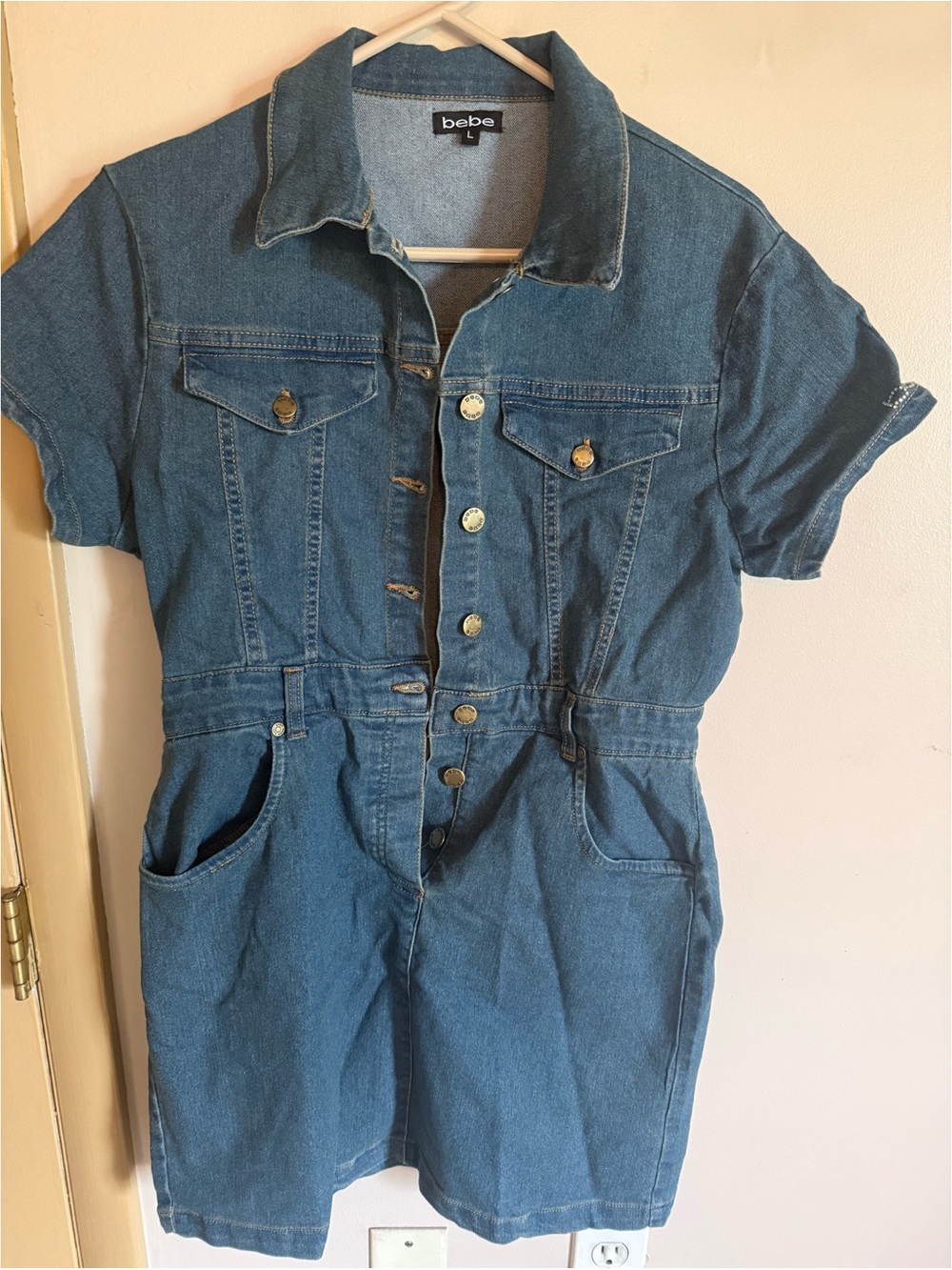 bebe Blue Short-Sleeve Denim Romper Dress